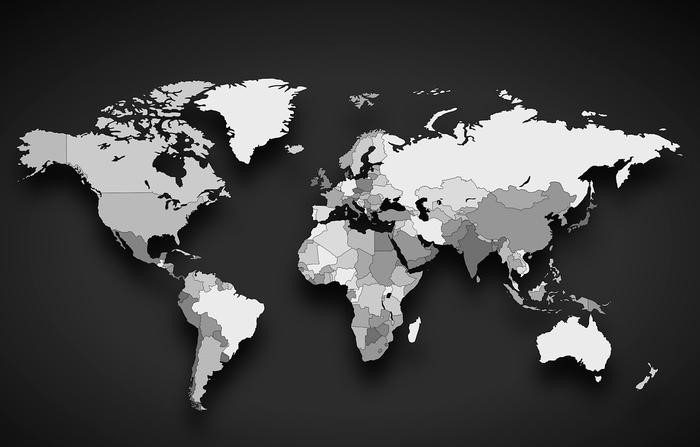 Weltkarte in Grautönen mit geografischen Kontinenten und Ländern. LISCHKA SECURITY UG