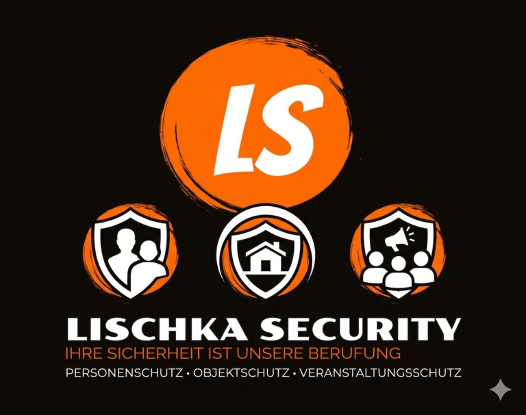 Logo von Lischka Security UG mit Symbolen für Schutz und Sicherheit. Slogan: "Ihre Sicherheit ist unsere Berufung."